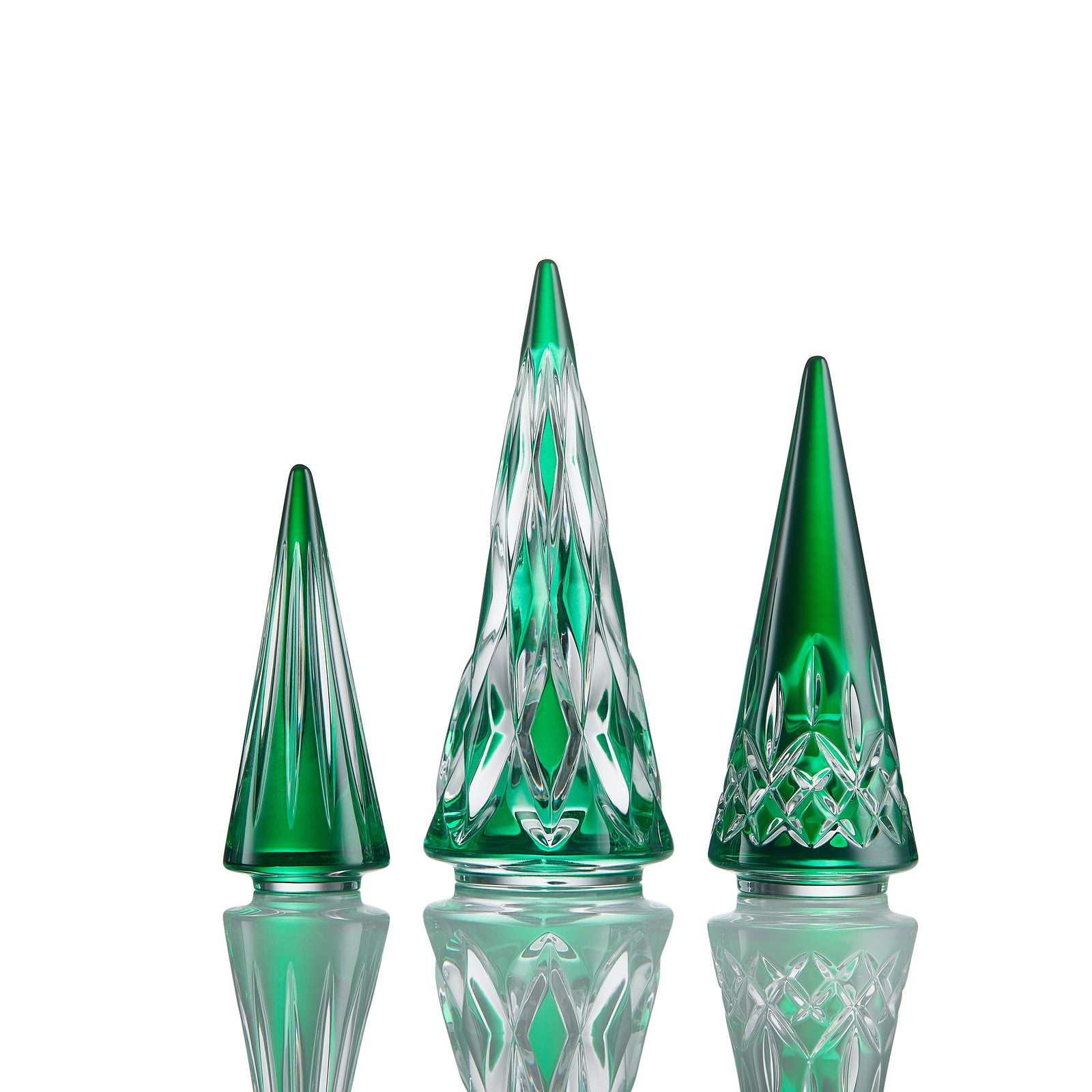 Waterford Christmas Crystal Green Standing Trees, Set of 3