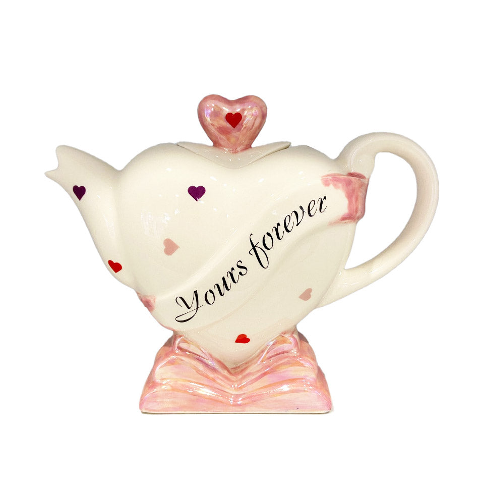 Ceramic Inspirations Heart 'Yours Forever' Teapot - White, Pink-Goviers