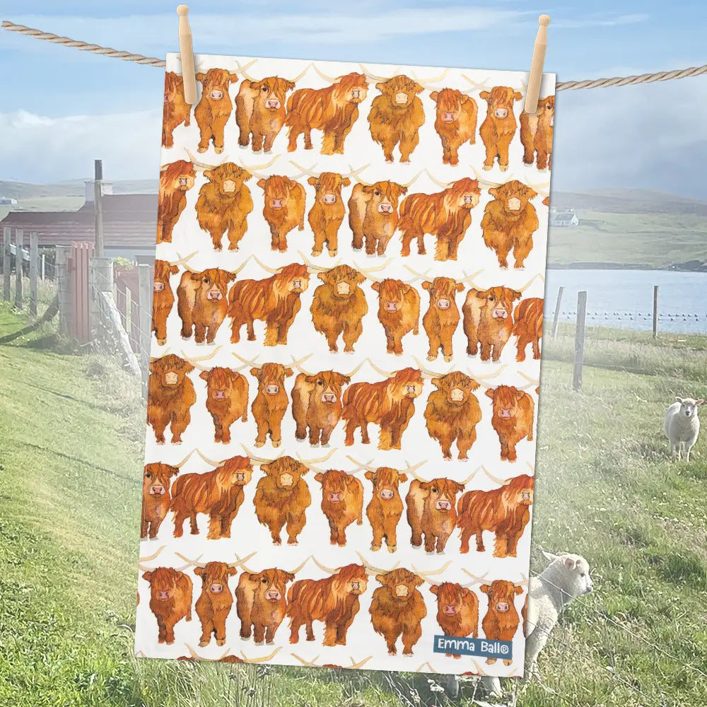 Emma Ball Highland Coos Tea Towel Pair-Goviers