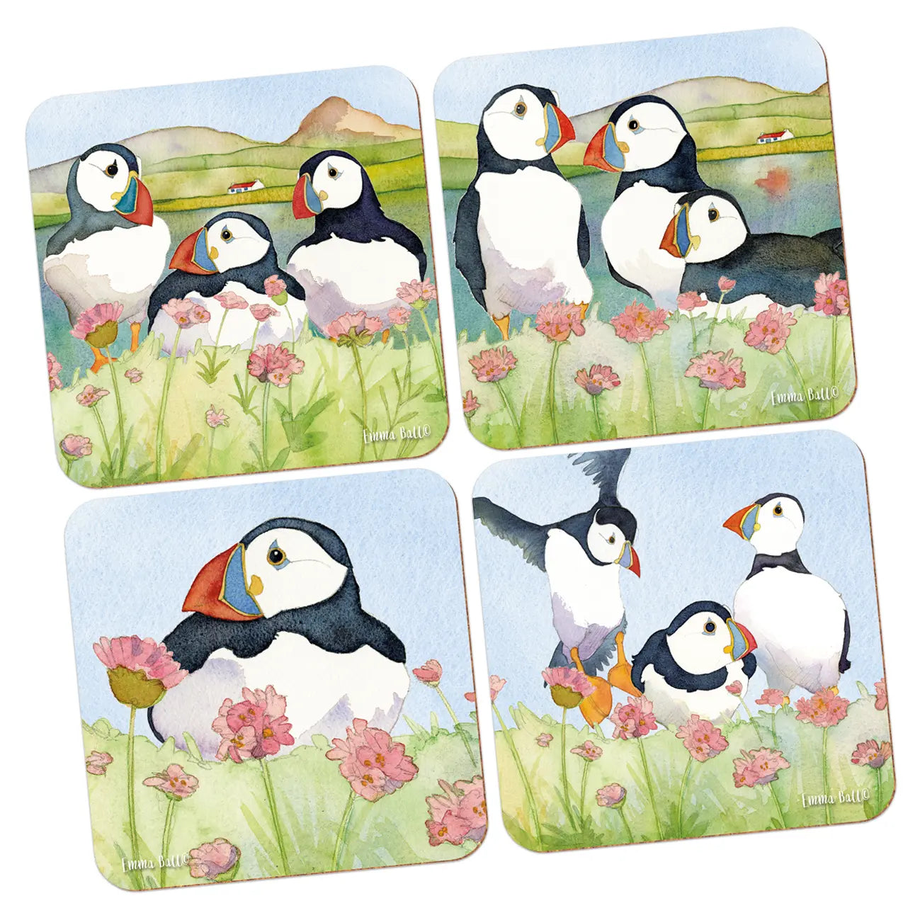 Emma Ball Sea Thrift Puffin Coasters Pack of 4-Goviers