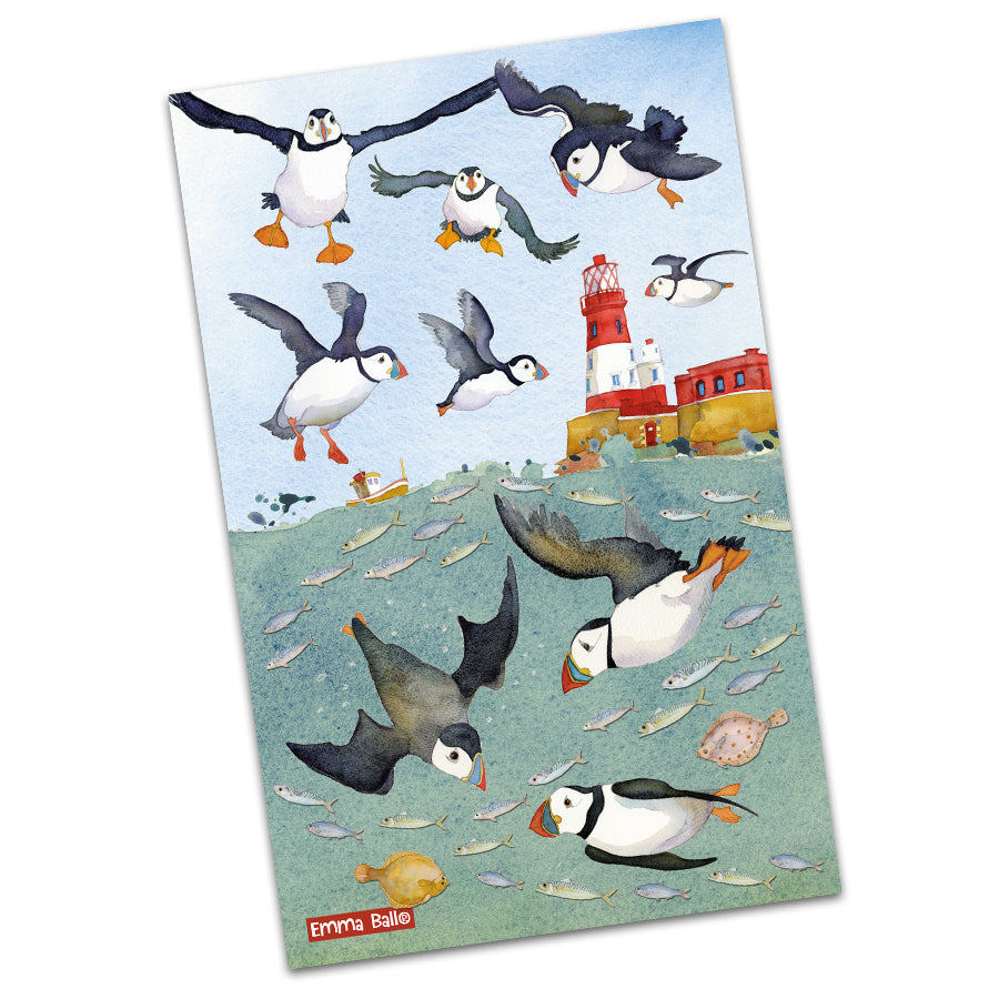 Emma Ball Sea Thrift Puffin & Diving Puffin Tea Towel Pair-Goviers