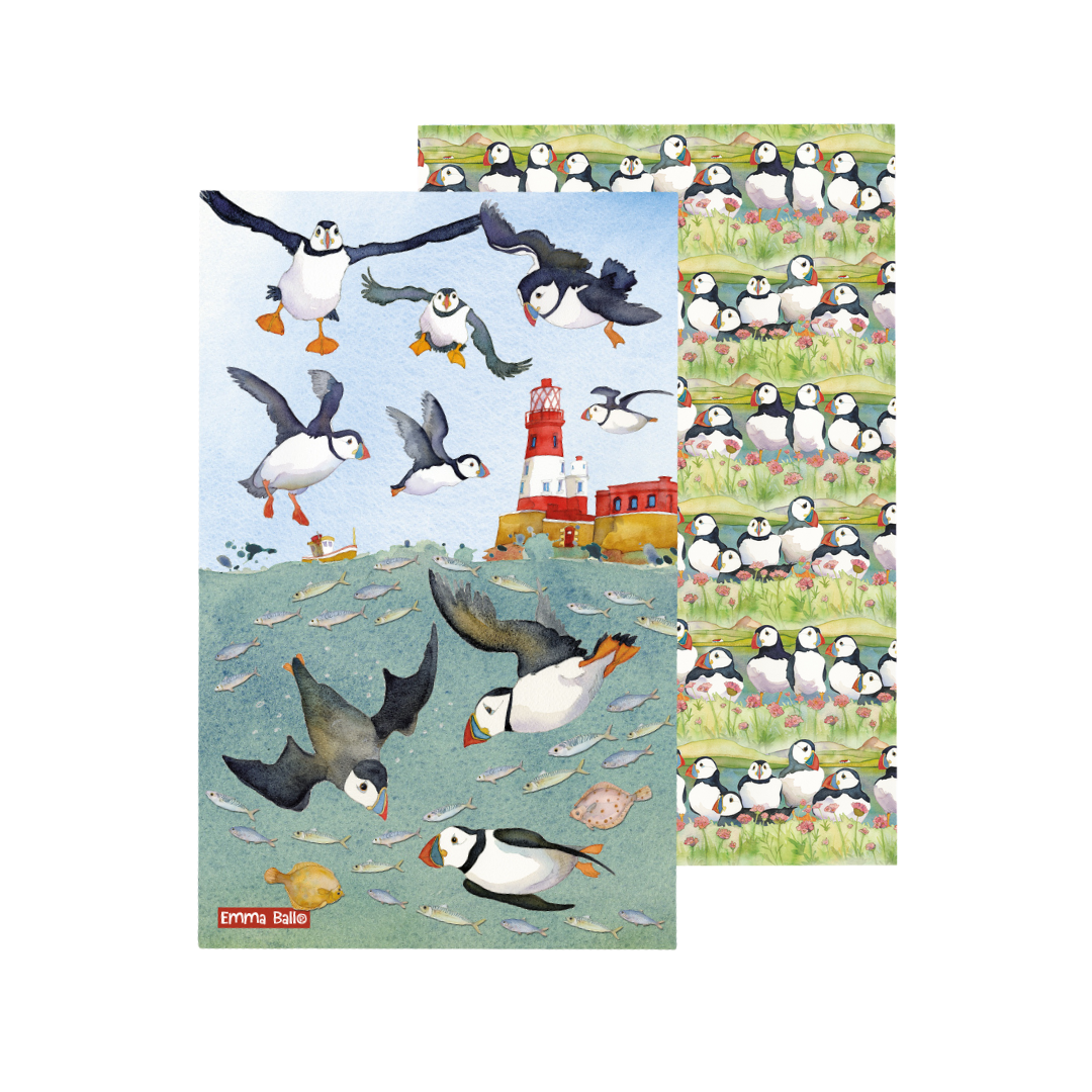 Emma Ball Sea Thrift Puffin & Diving Puffin Tea Towel Pair-Goviers