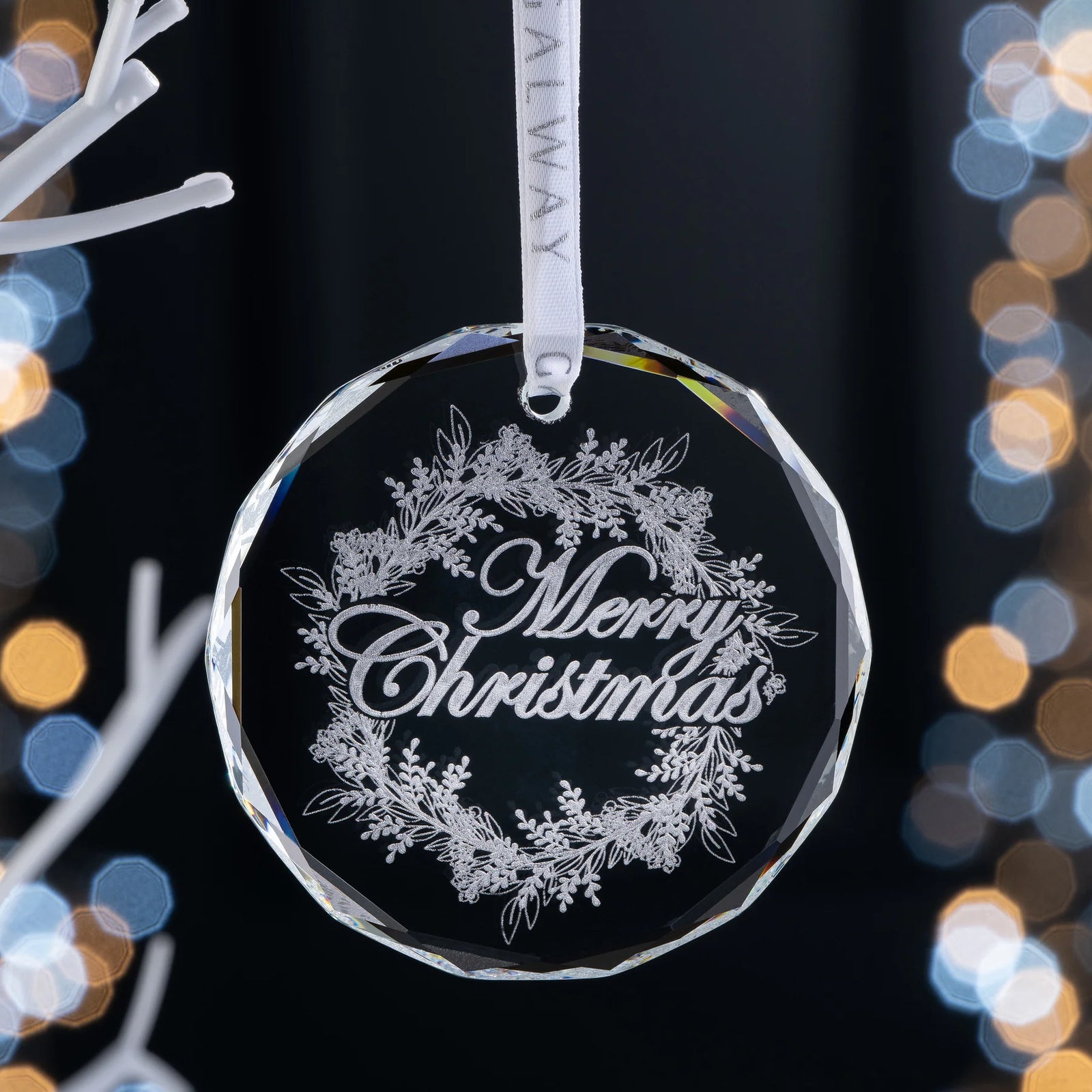 Galway Crystal Merry Christmas Wreath Round Ornament-Goviers
