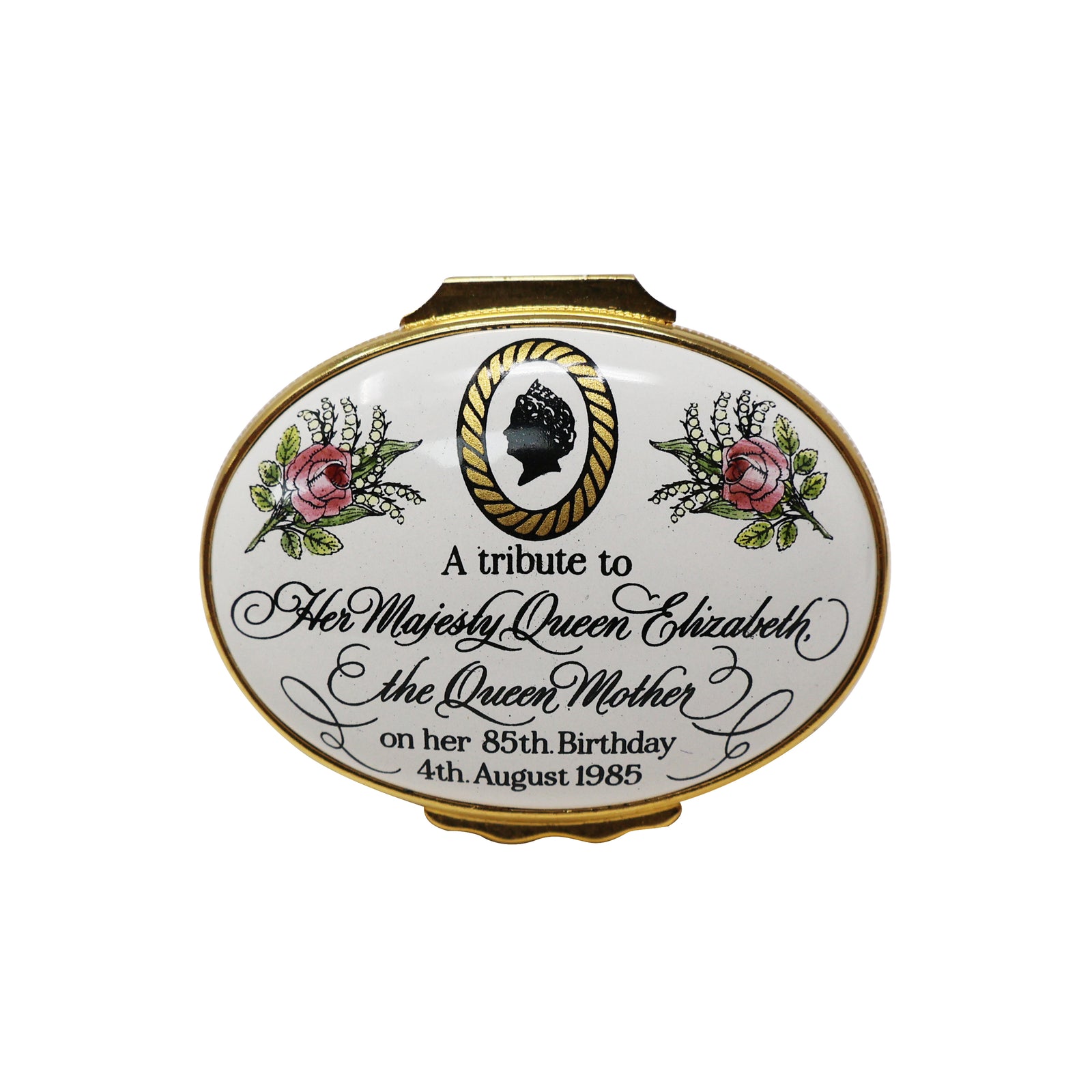 Halcyon Days 85th Birthday HM Queen Elizabeth The Queen Mother Enamel Box-Goviers