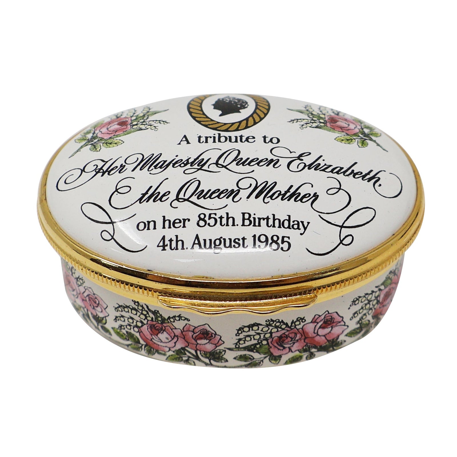 Halcyon Days 85th Birthday HM Queen Elizabeth The Queen Mother Enamel Box-Goviers