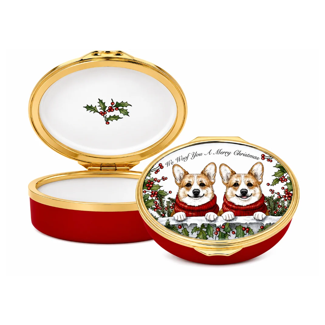 Halcyon Days Christmas Corgis Enamel Box-Goviers