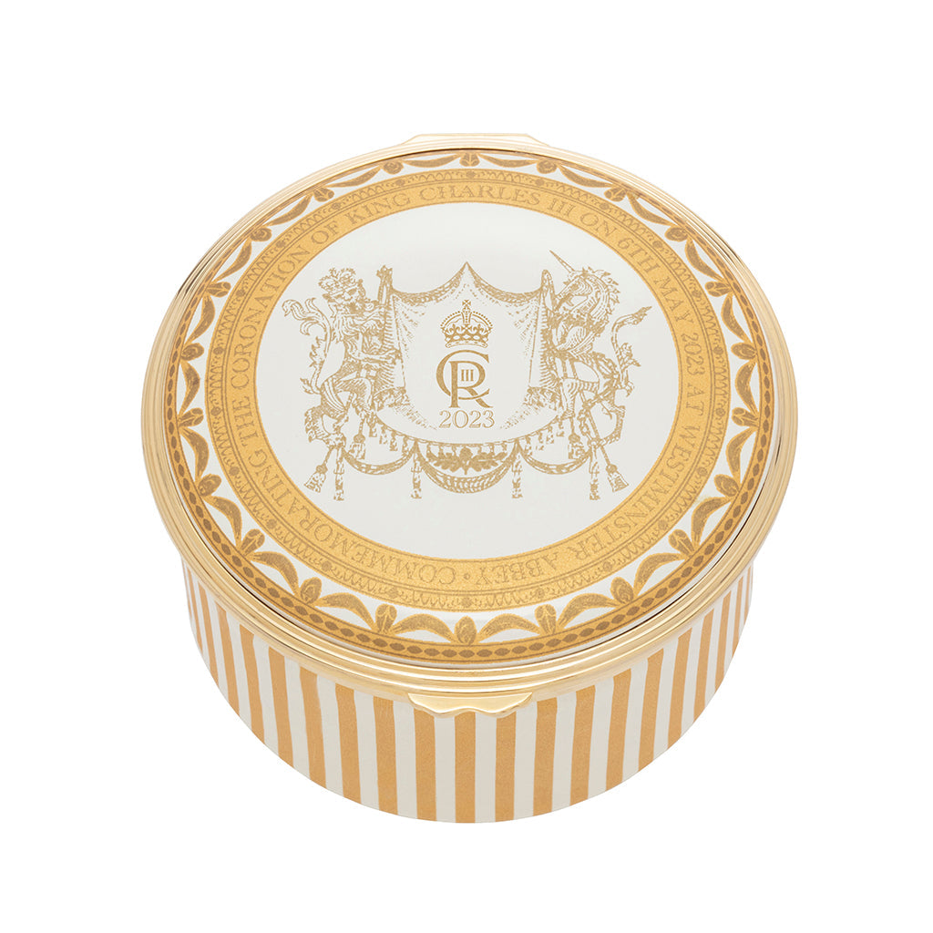 Halcyon Days Coronation Gold Round Musical Box-Goviers