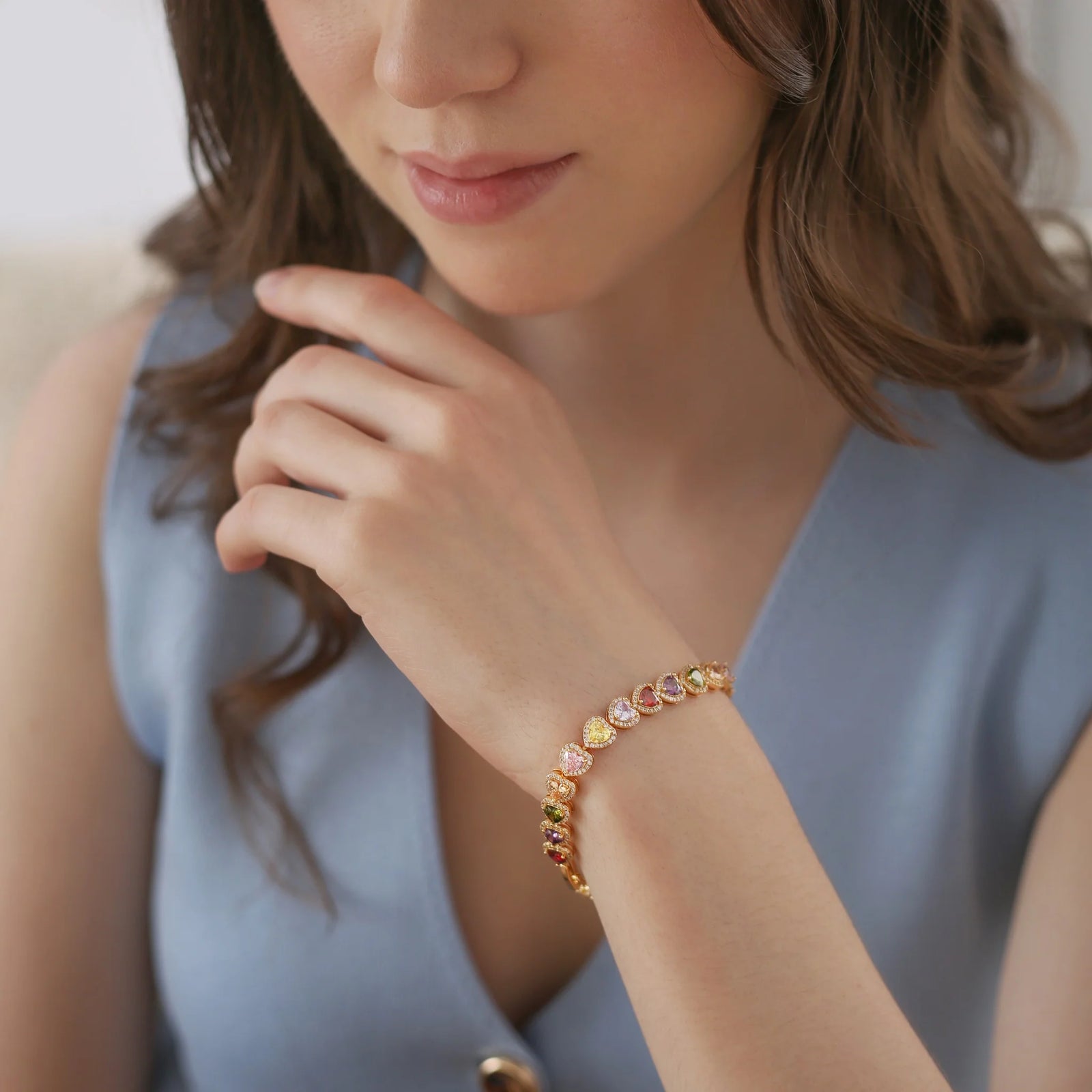 Newbridge Silverware Gold Plated Heart Coloured CZ Bracelet-Goviers