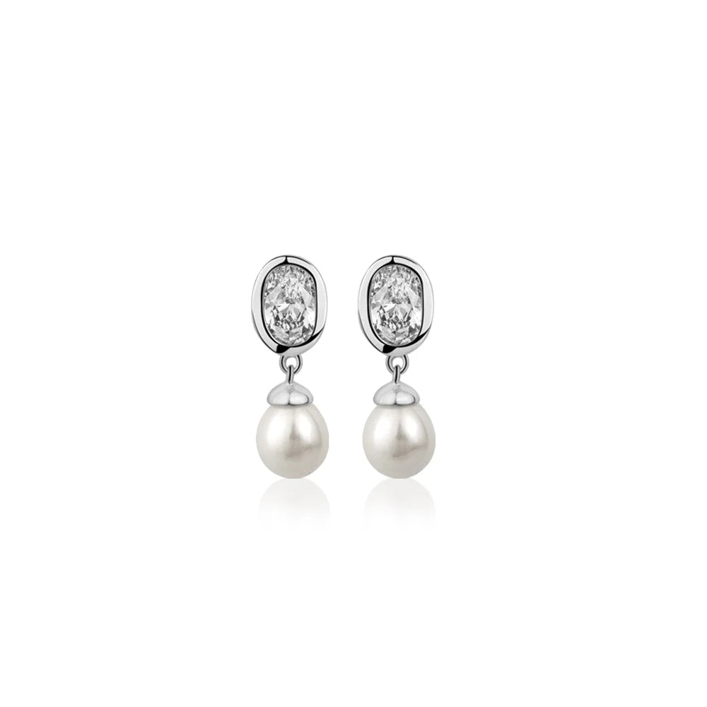 Newbridge Silverware Pearl Drop Earrings with Clear Stones-Goviers
