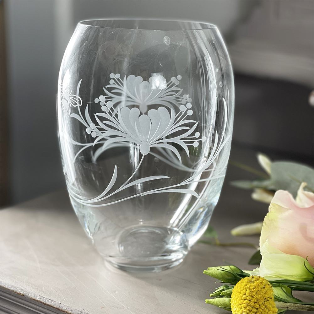Royal Scot Crystal Bee & Honeysuckle Medium Barrel Vase 7"-Home & Garden > Kitchen & Dining > Tableware > Drinkware-Goviers