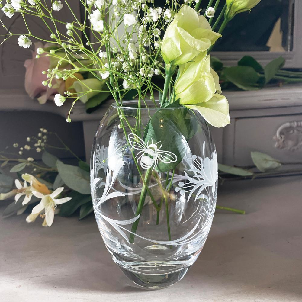 Royal Scot Crystal Bee & Honeysuckle Small Barrel Vase 6"-Home & Garden > Kitchen & Dining > Tableware > Drinkware-Goviers