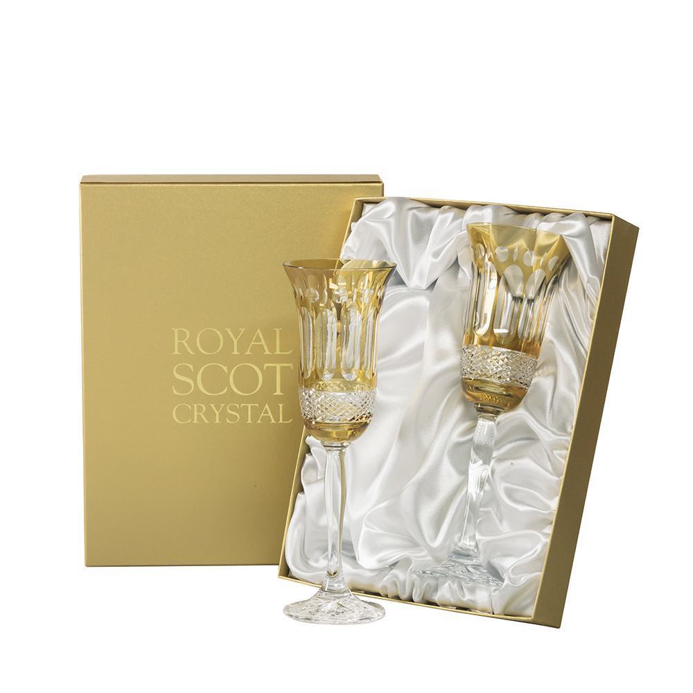Royal Scot Crystal Belgravia Gold Amber Champagne Flutes Set of 2-Goviers