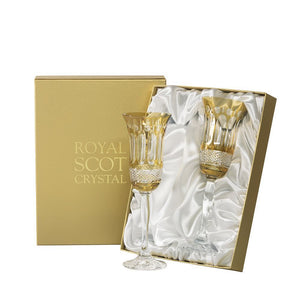 Royal Scot Crystal Belgravia Gold Amber Champagne Flutes Set of 2-Goviers