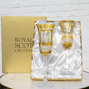 Royal Scot Crystal Belgravia Gold Amber Champagne Flutes Set of 2-Goviers