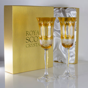 Royal Scot Crystal Belgravia Gold Amber Champagne Flutes Set of 2-Goviers