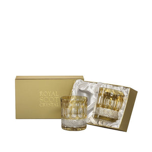 Royal Scot Crystal Belgravia Gold Amber Large Crystal Tumblers Set of 2-Goviers