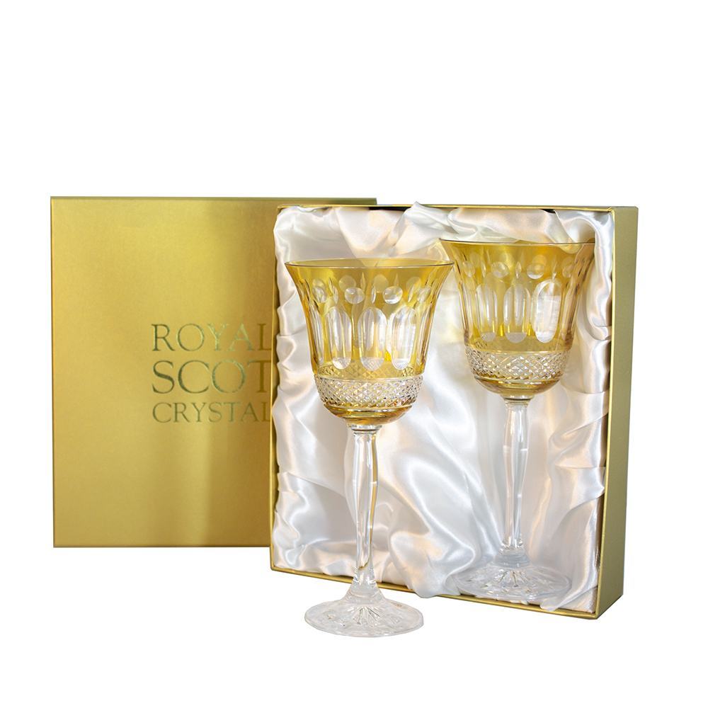 Royal Scot Crystal Belgravia Gold Amber Large Crystal Wine Glasses Set of 2-Goviers