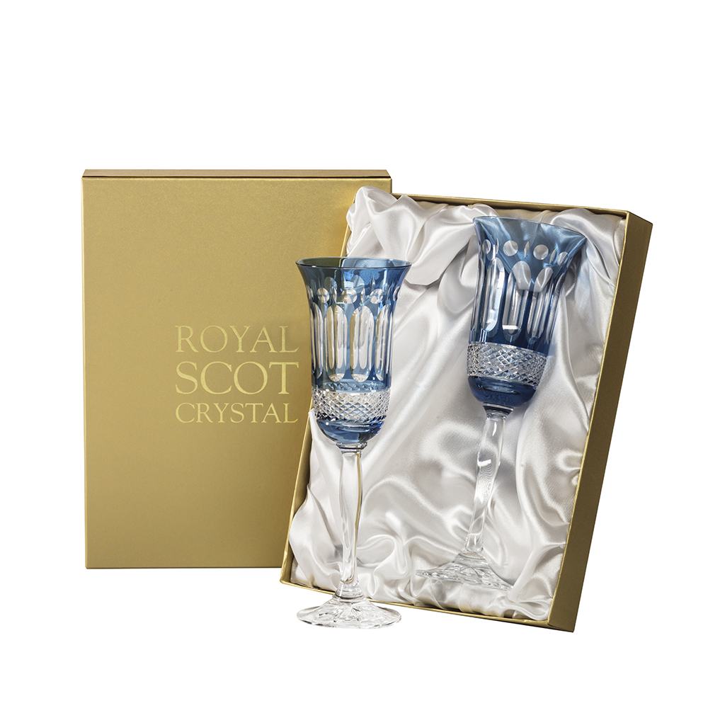 Royal Scot Crystal Belgravia Sky Blue Champagne Flutes Set of 2-Goviers