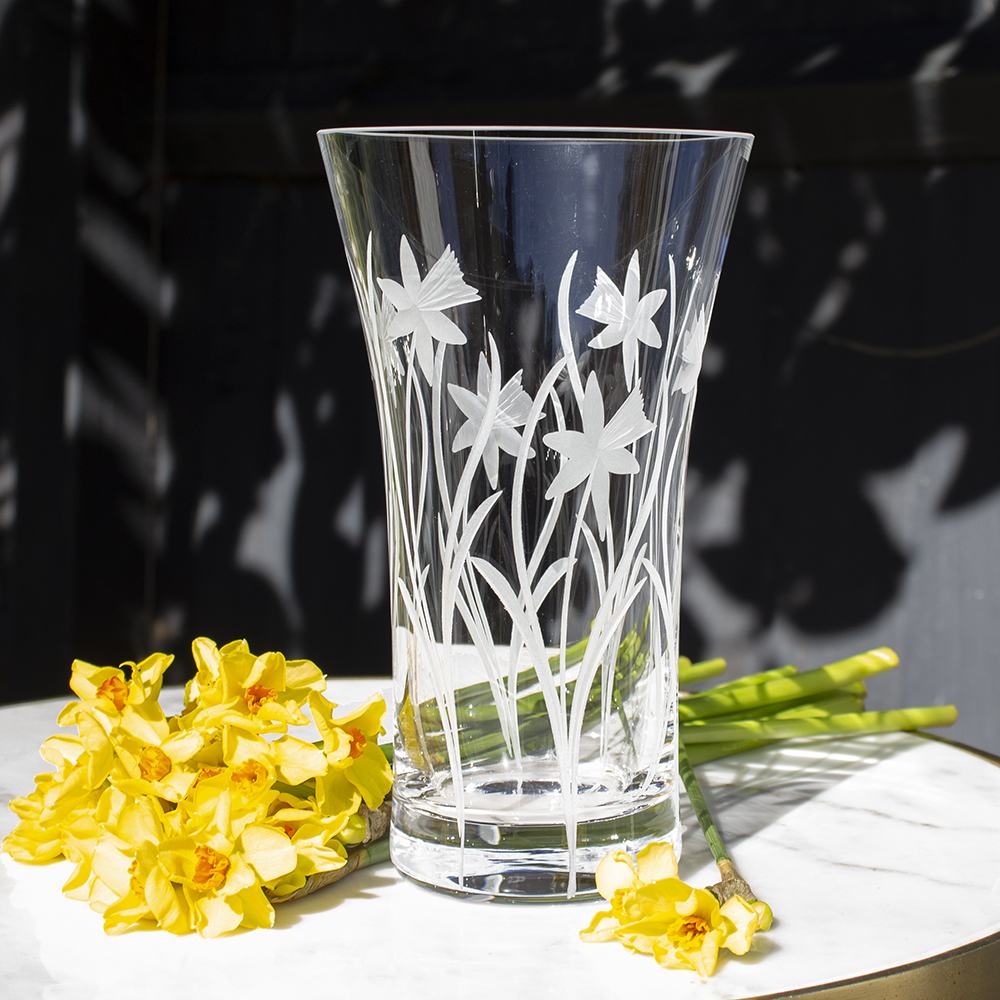 Royal Scot Crystal Daffodils Flared Vase 8"-Home & Garden > Kitchen & Dining > Tableware > Drinkware-Goviers
