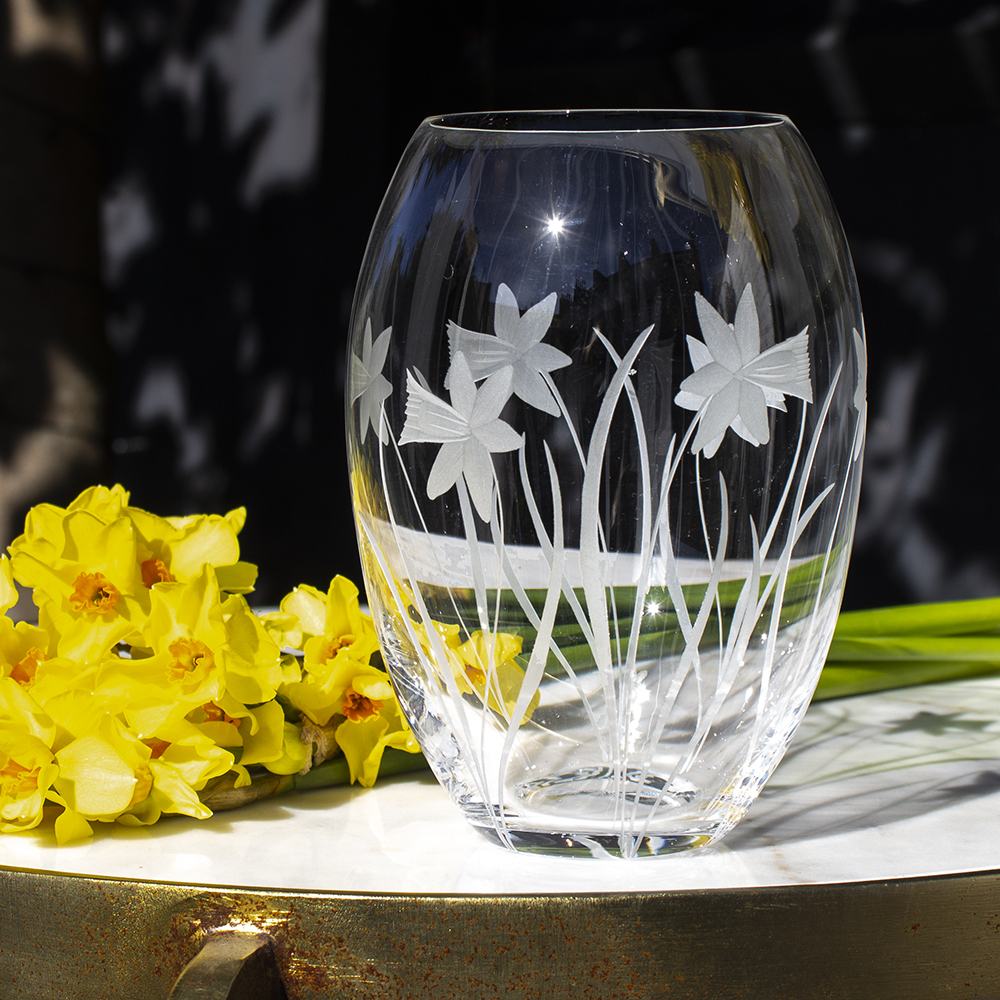 Royal Scot Crystal Daffodils Medium Barrel Vase 7"-Home & Garden > Kitchen & Dining > Tableware > Drinkware-Goviers