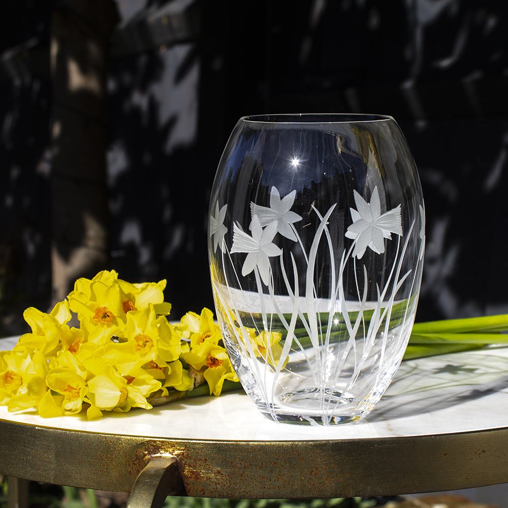 Royal Scot Crystal Daffodils Small Barrel Vase 6"-Home & Garden > Kitchen & Dining > Tableware > Drinkware-Goviers
