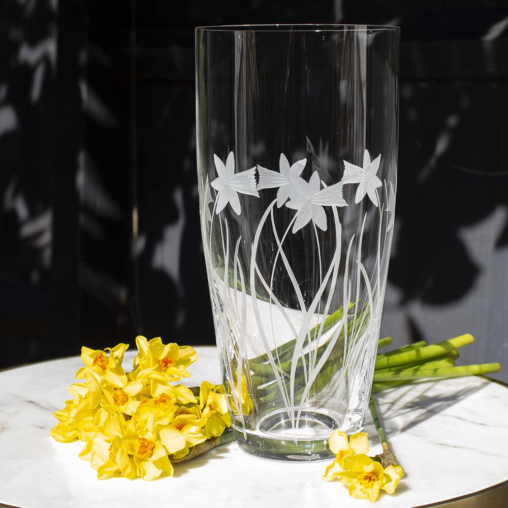 Royal Scot Crystal Daffodils Tall Vase 10"-Home & Garden > Kitchen & Dining > Tableware > Drinkware-Goviers