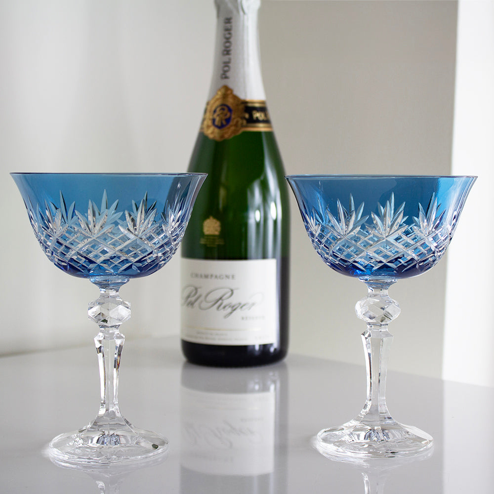 Royal Scot Crystal Edinburgh Sky Blue Champagne Saucer Coupe Glass Set of 2-Goviers