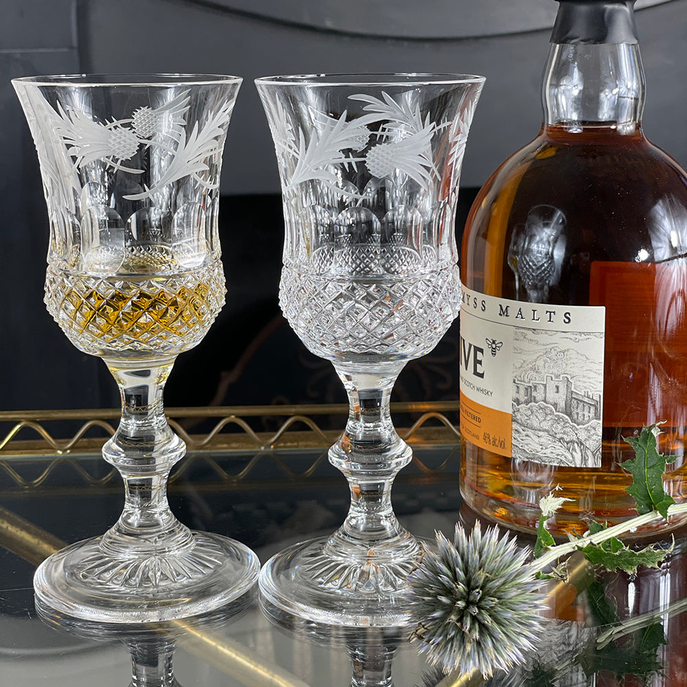 Royal Scot Crystal Flower of Scotland Footed Whisky Glass (Thistle Shape) Set of 2-Goviers