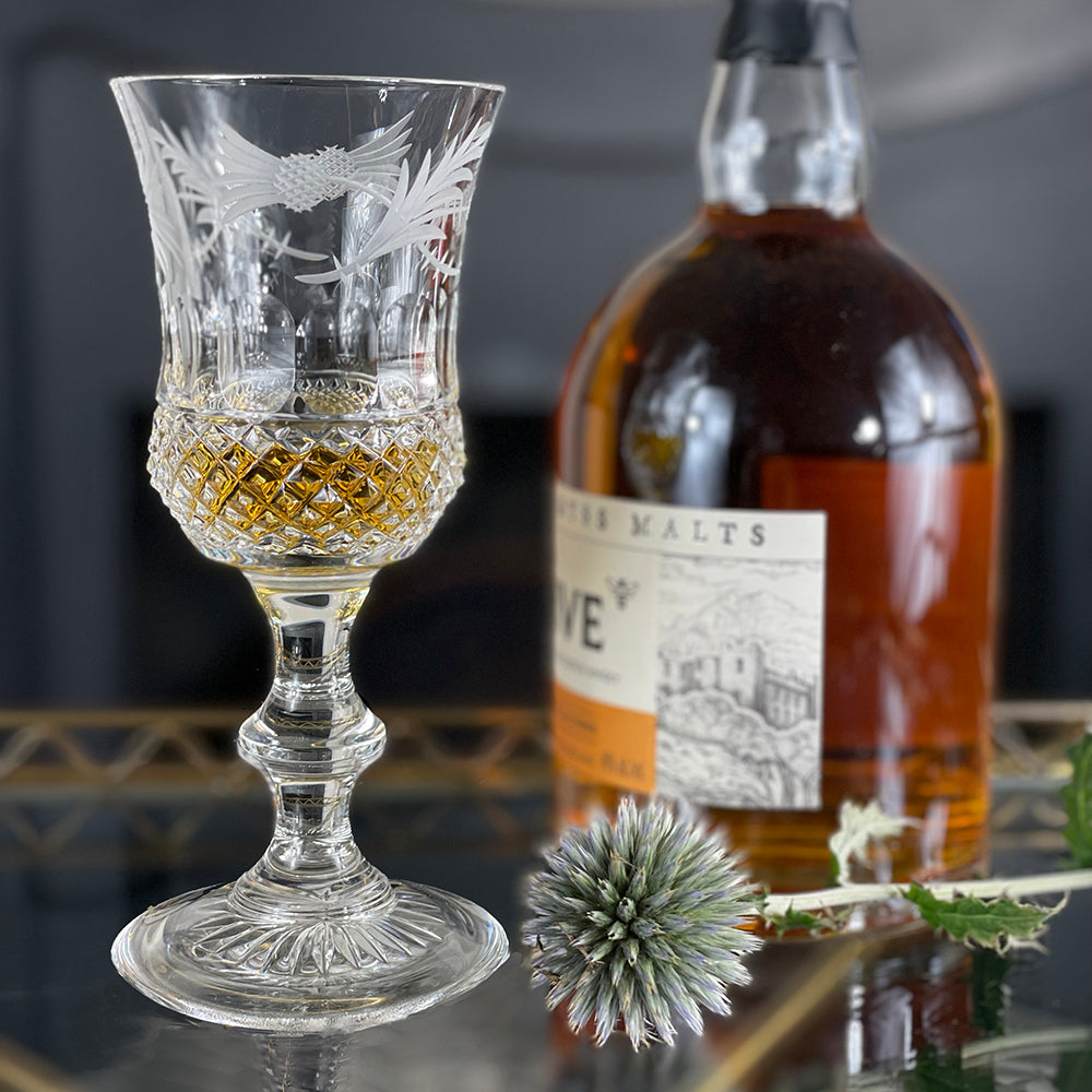 Royal Scot Crystal Flower of Scotland Footed Whisky Glass (Thistle Shape)-Goviers