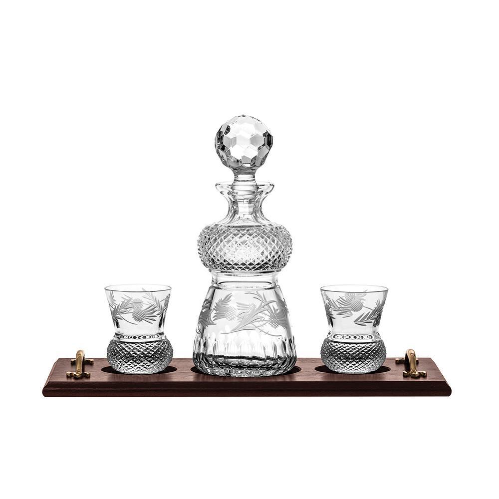 Royal Scot Crystal Flower of Scotland Whisky Tray set - Decanter & 2 Crystal Whisky Tumblers (Thistle Shape)-Goviers