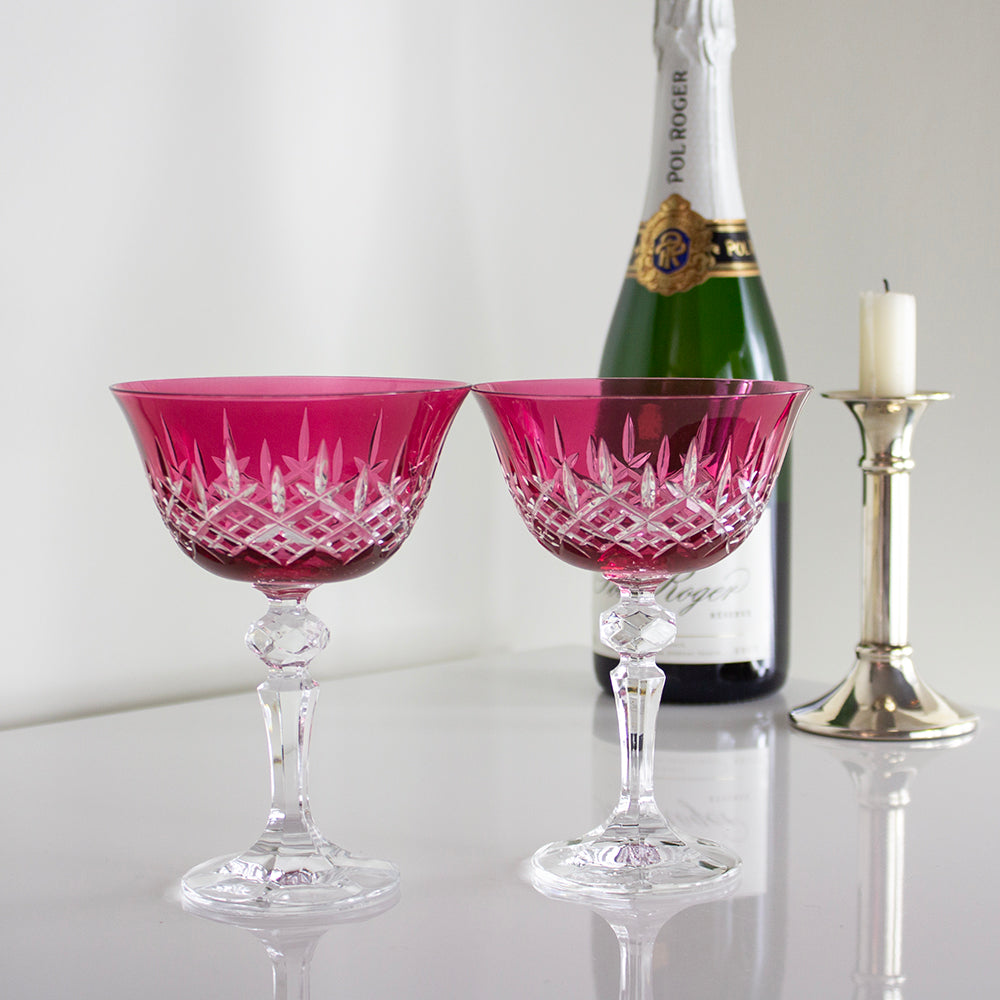 Royal Scot Crystal London Cranberry Champagne Saucer Coupe Glass Set of 2-Goviers
