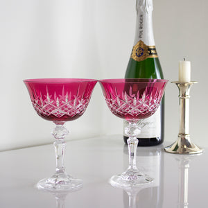 Royal Scot Crystal London Cranberry Champagne Saucer Coupe Glass Set of 2