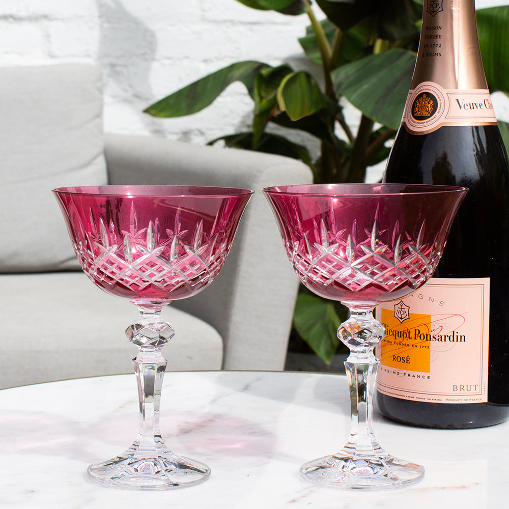 Royal Scot Crystal London Cranberry Champagne Saucer Coupe Glass Set of 2-Goviers