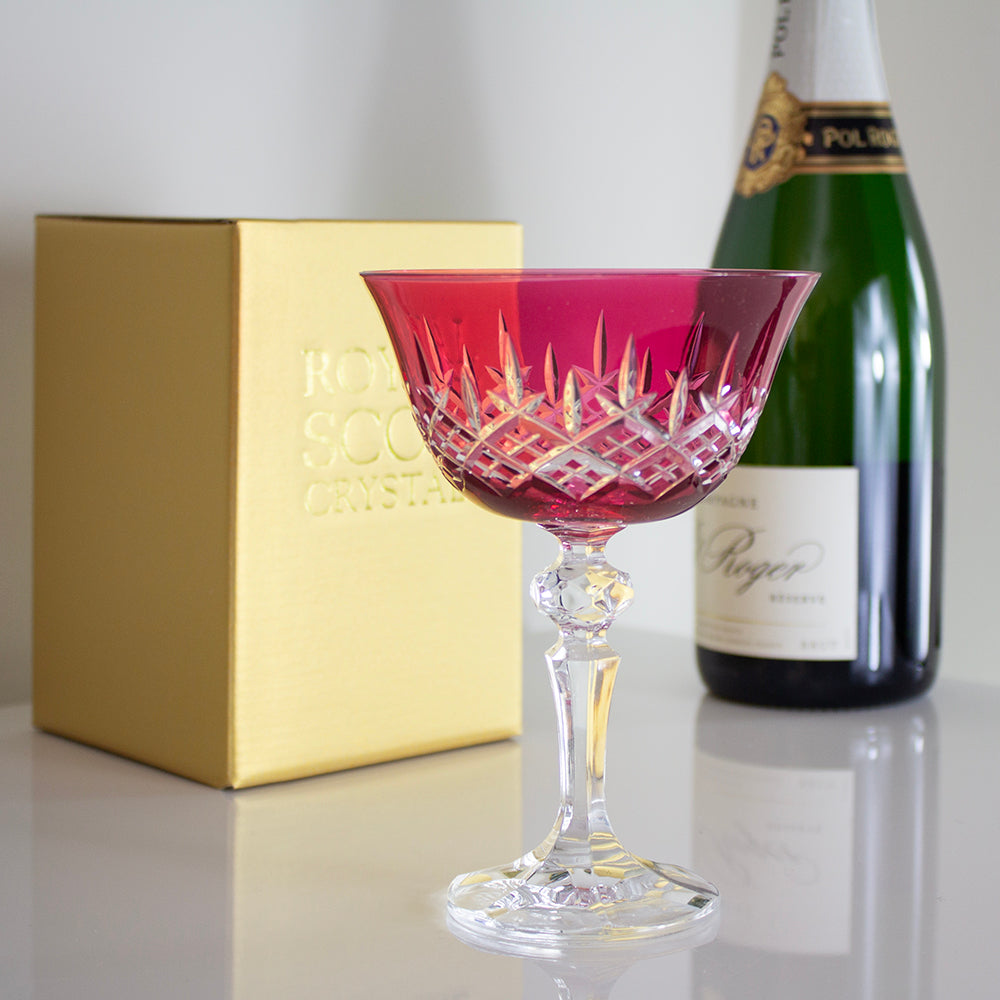 Royal Scot Crystal London Cranberry Champagne Saucer Coupe Glass-Goviers