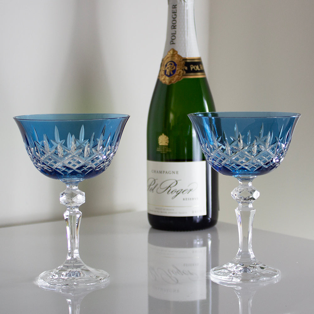 Royal Scot Crystal London Sky Blue Champagne Saucer Coupe Glass Set of 2-Goviers