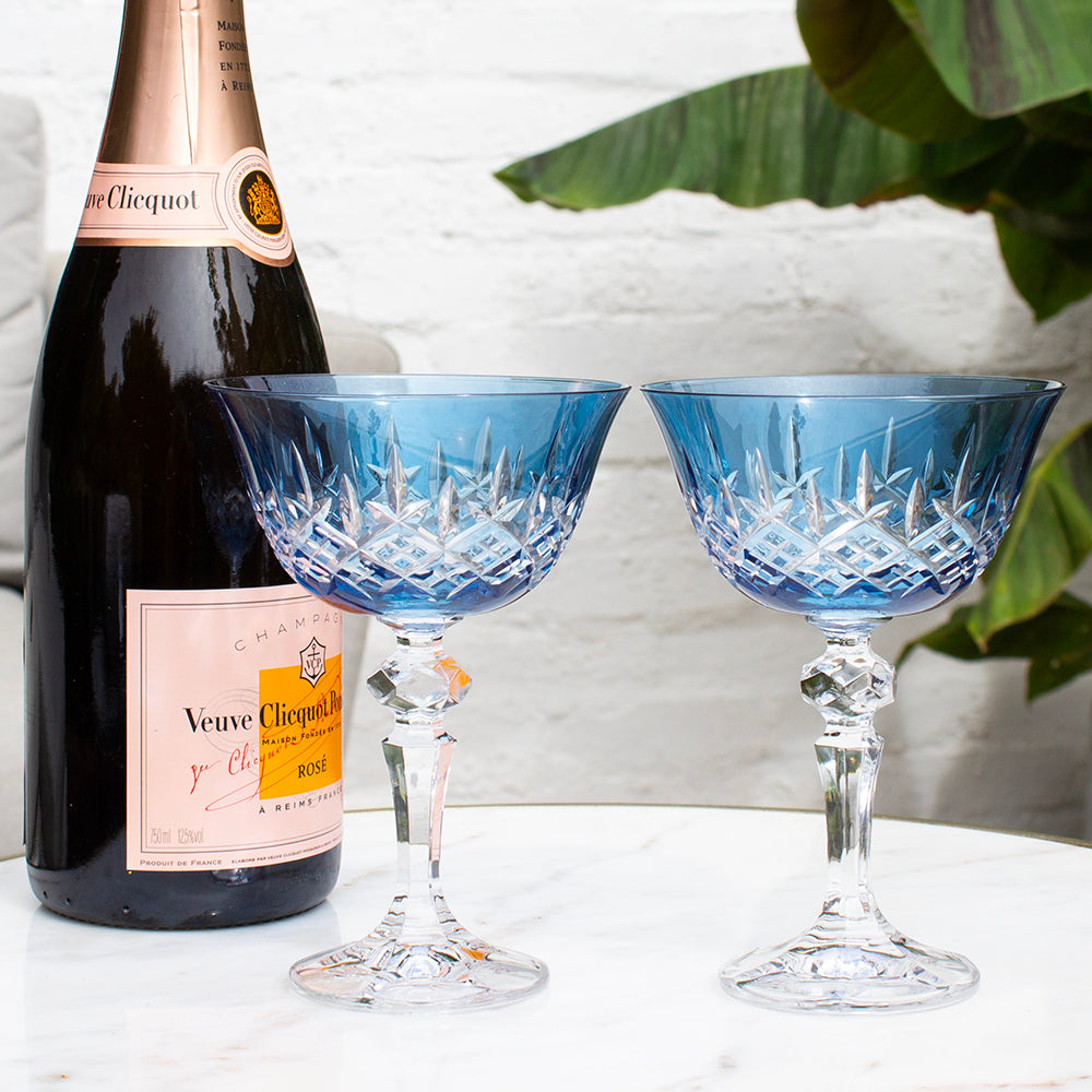 Royal Scot Crystal London Sky Blue Champagne Saucer Coupe Glass Set of 2-Goviers