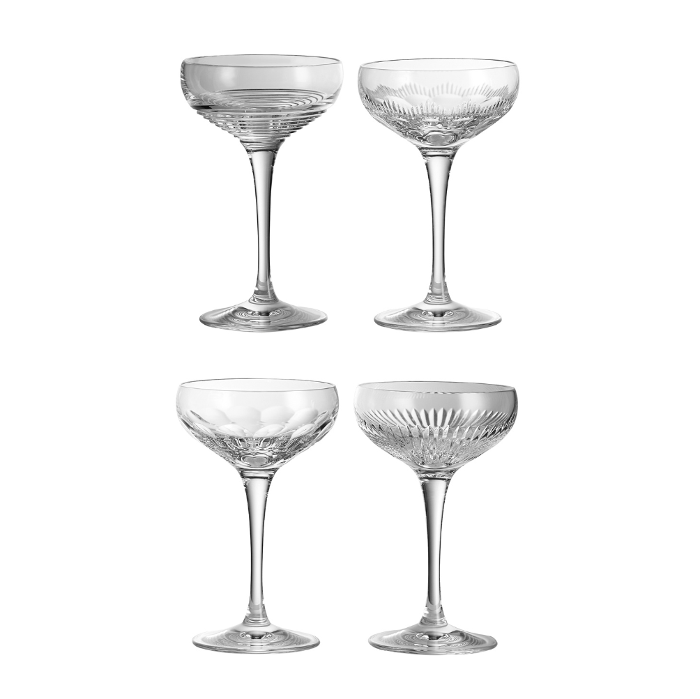 Kleine 150 ml achthoekige Prestige Coupe glazen met gouden randen voor cocktails en champagne | Set van 4 | Kristal hoekig glaswerk met lange steel voor Espresso Martini, Daiquiri, Gimlet