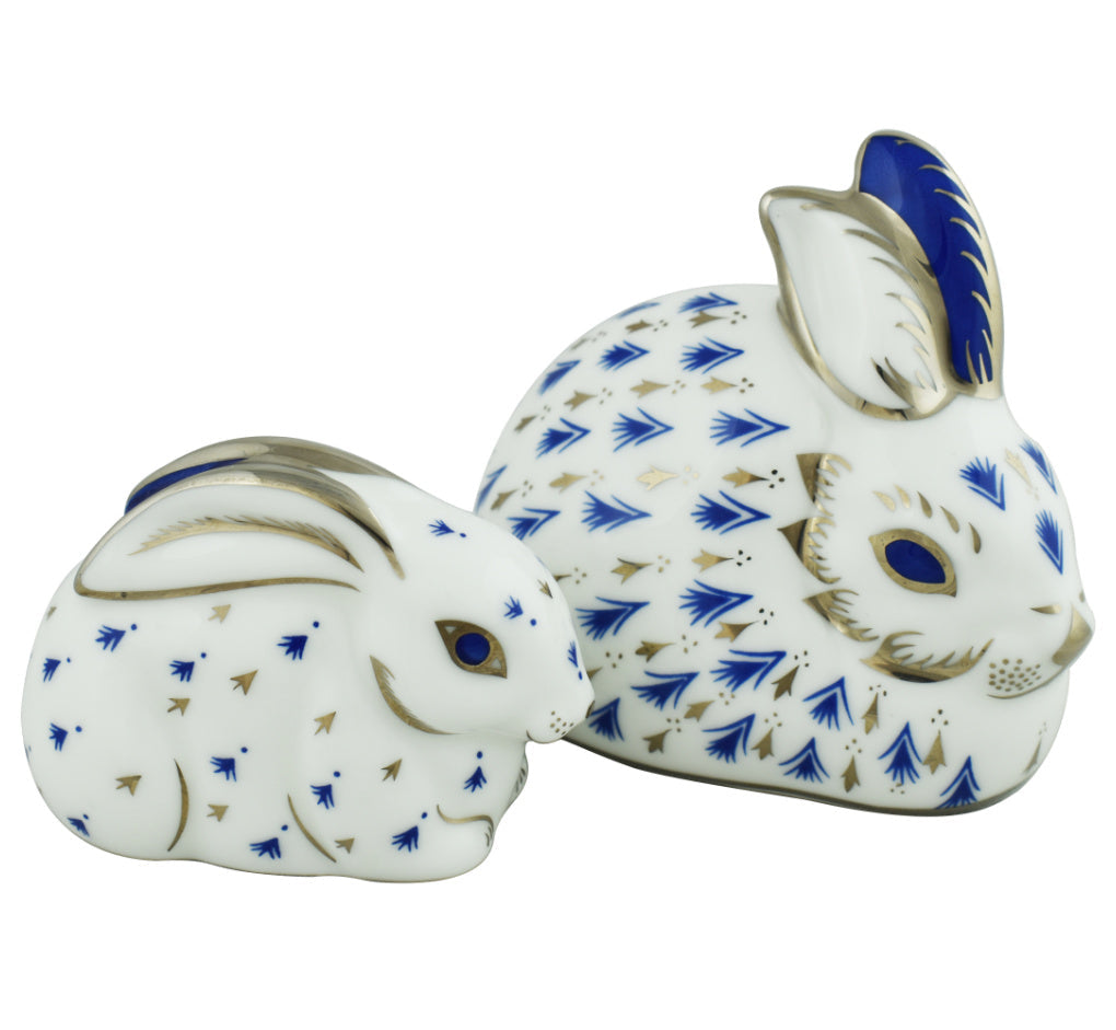 Royal Crown Derby 25th Anniversary Platinum Mother and Baby Rabbit-Paperweights-Goviers
